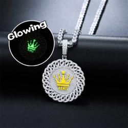 Glow In The Dark Jewelry Gift 925 Sterling Silver Full VVS Moissanite Diamond Round Crown Disc Pendant