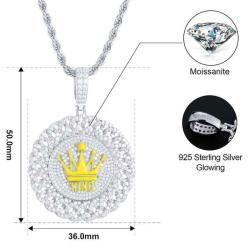 Glow In The Dark Jewelry Gift 925 Sterling Silver Full VVS Moissanite Diamond Round Crown Disc Pendant