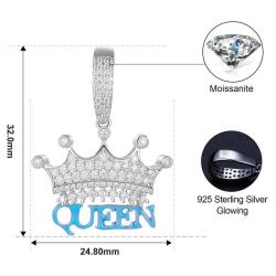 Glow In The Dark 925 Sterling Silver VVS Moissanite Diamond Iced Out Letter Queen Crown Pendant For Men Women