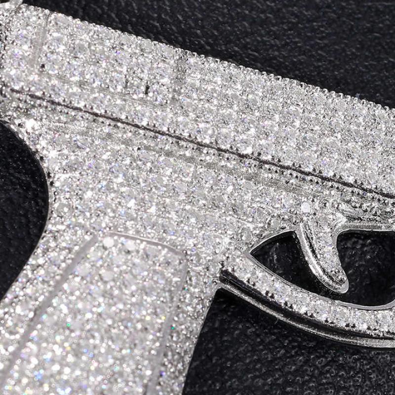 Iced Out Moissanite Pistol Gun Pendant 925 Sterling Silver VVS Lab Diamond