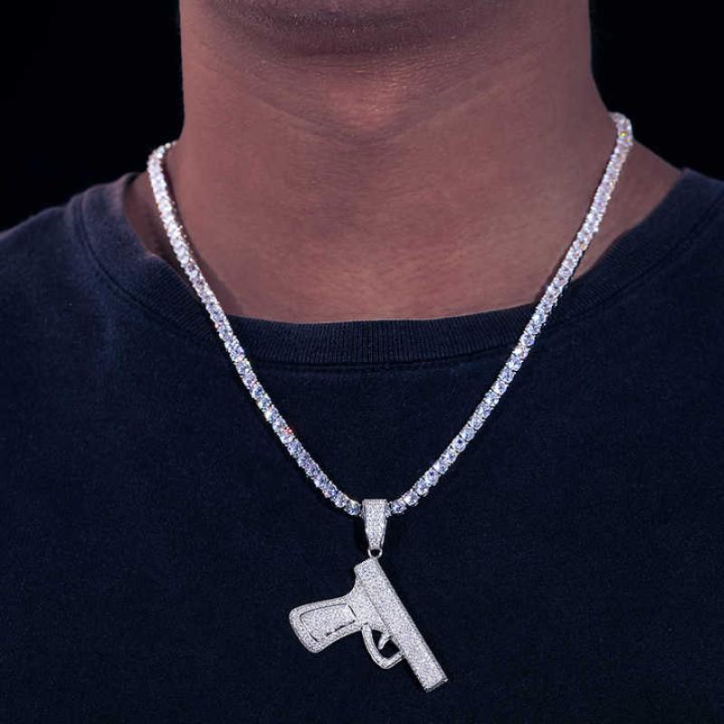 Iced Out Moissanite Pistol Gun Pendant 925 Sterling Silver VVS Lab Diamond