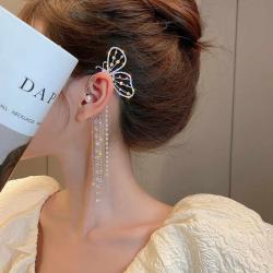 Butterfly pearl long tassel zircon cuff earring rhinestone crystal clip on earring jewelry 1pc