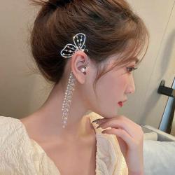 Butterfly pearl long tassel zircon cuff earring rhinestone crystal clip on earring jewelry 1pc