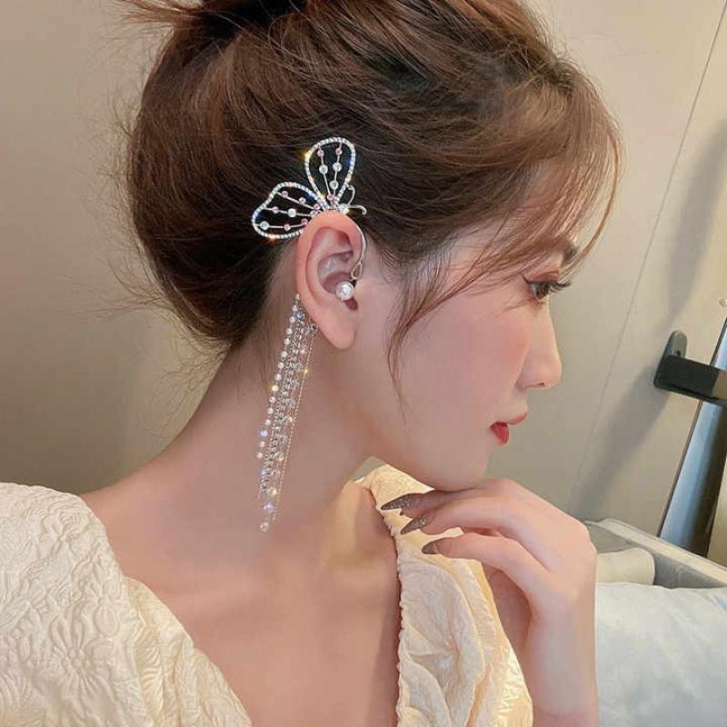 Butterfly pearl long tassel zircon cuff earring rhinestone crystal clip on earring jewelry 1pc