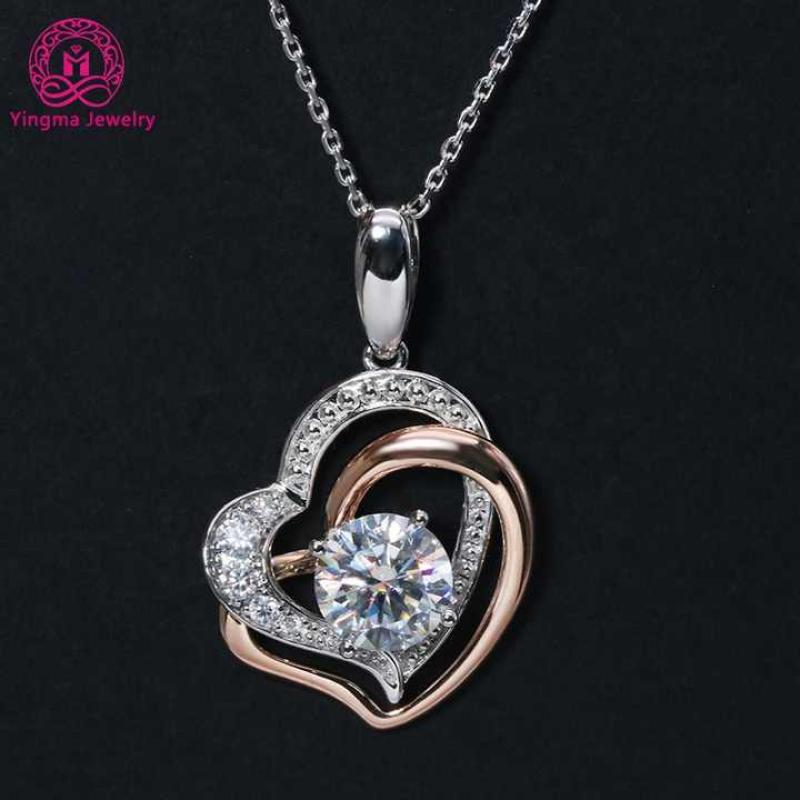 Custom New Design Engagement Wedding Heart Shaped White Gold and Rose Jewelry Round Cut 2CT Diamond Moissanite Pendant Necklace