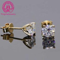 Fine jewelry  GRA certificate 1ct x 2 round moissanite diamond simple 4 claws 18K yellow gold stud earrings for women