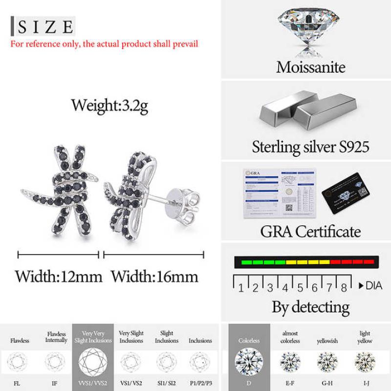 925 Silver Earring Lab Grown Black Moissanite Diamond Waterproof Kink Shape Stud Ear