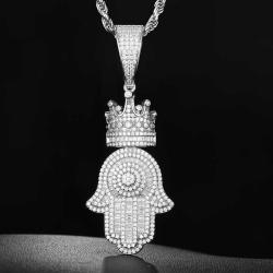 925 Sterling Silver VVS  Diamond Iced Out Crown Hamsa Hand Pendant For Men Women