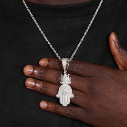 925 Sterling Silver VVS  Diamond Iced Out Crown Hamsa Hand Pendant For Men Women