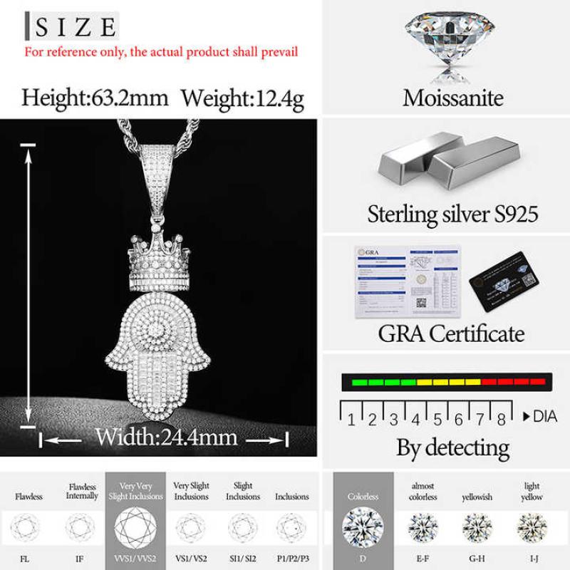 925 Sterling Silver VVS  Diamond Iced Out Crown Hamsa Hand Pendant For Men Women