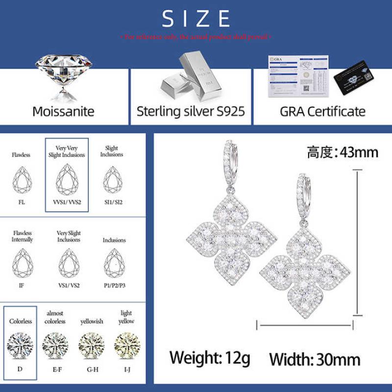 Earrings 925 Sterling Silver VVS Moissanite Spade Flower Drop Earrings