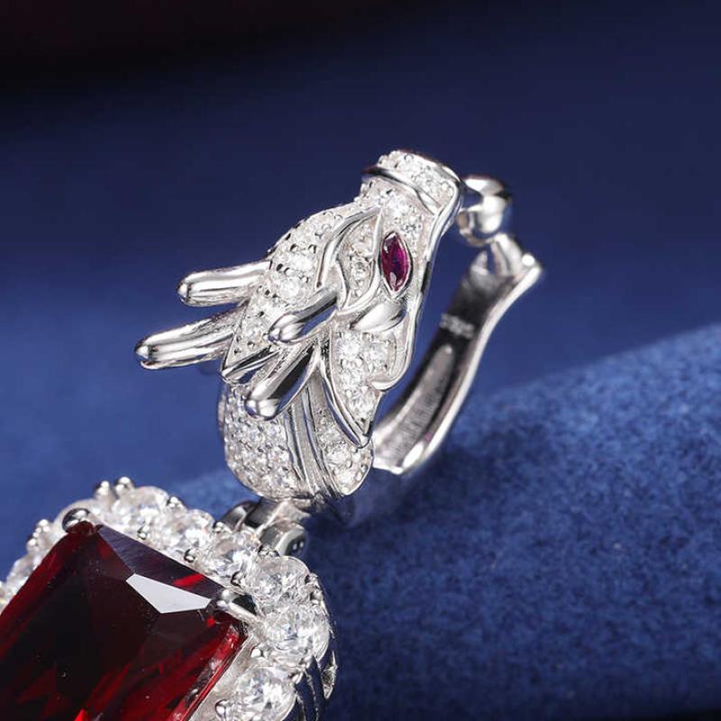 Originality 925 Sterling Silver VVS D Color Moissanite Radiant Cut Red Zircon Dragon Head Clasp Trendy Pendant