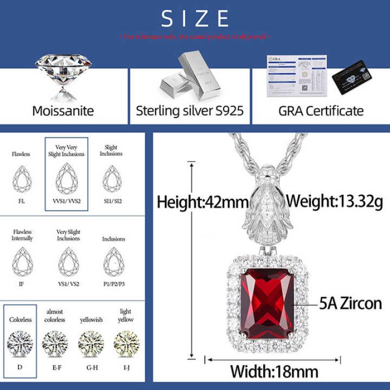 Originality 925 Sterling Silver VVS D Color Moissanite Radiant Cut Red Zircon Dragon Head Clasp Trendy Pendant