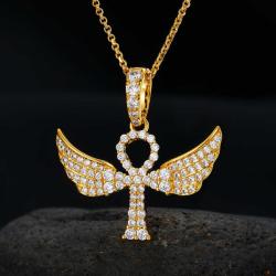 925 Solid Silver Iced Out Moissanite Wing Ankh Cross Pendant Necklace