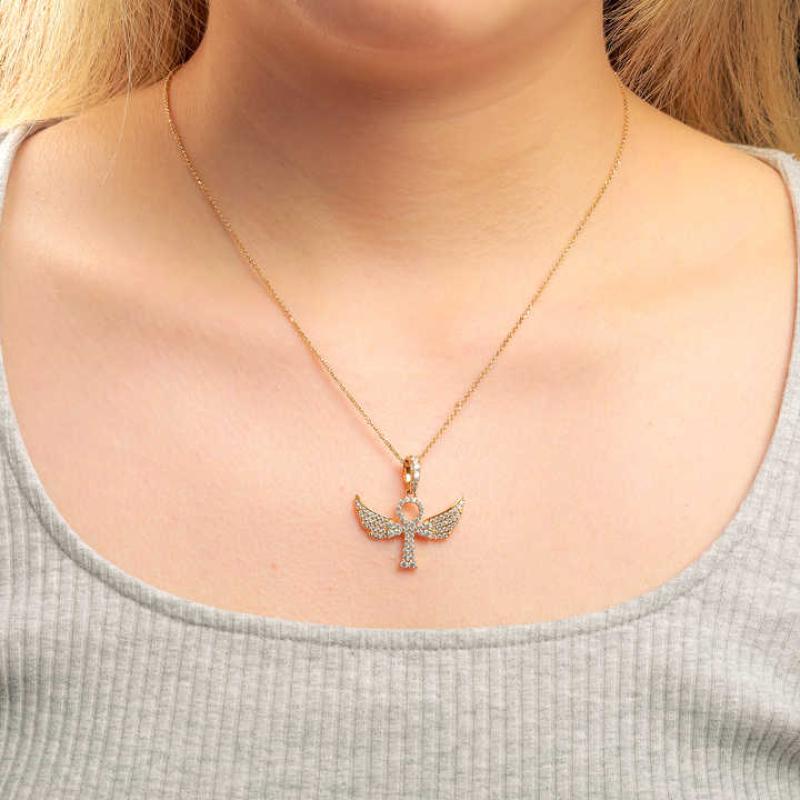 925 Solid Silver Iced Out Moissanite Wing Ankh Cross Pendant Necklace