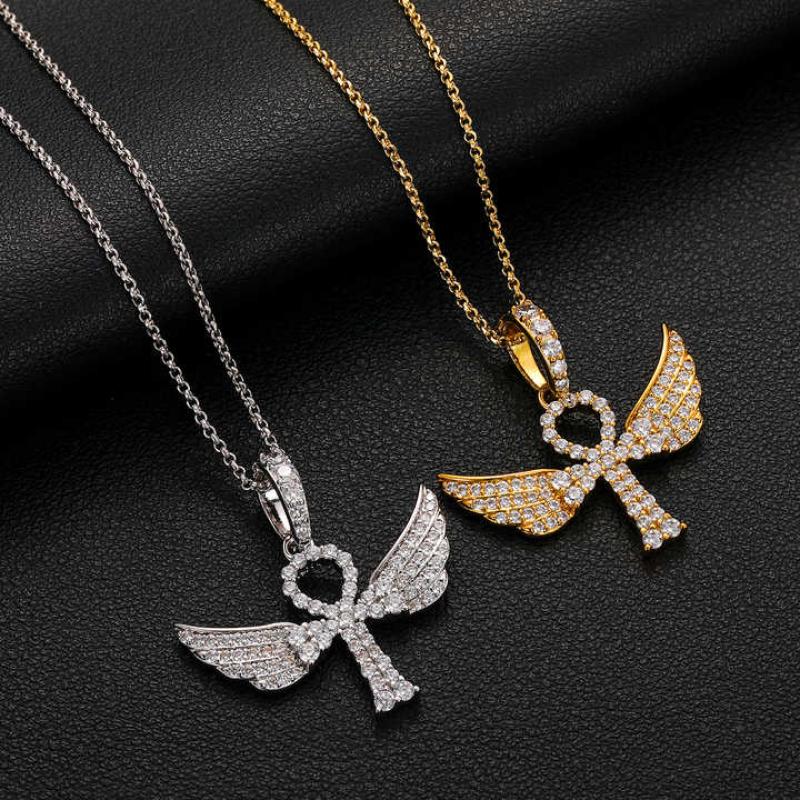 925 Solid Silver Iced Out Moissanite Wing Ankh Cross Pendant Necklace