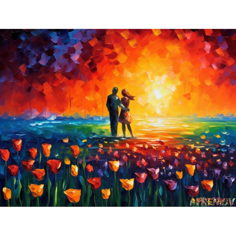 Gallery value USD15600 COUPLE IN THE TULIPS - PALETTE KNIFE Oil Painting On Canvas By Leonid Afremov