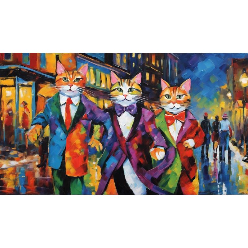 Gallery value USD18300 CATS ON A NIGHT OUT - PALETTE KNIFE Oil Painting On Canvas By Leonid Afremov