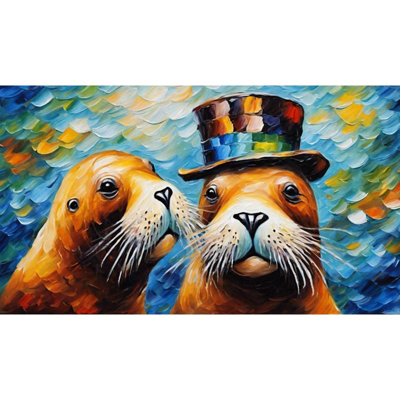 Gallery value USD8900 WHIMSICAL WALRUS WONDERS - PALETTE KNIFE Oil Painting On Canvas By Leonid Afremov