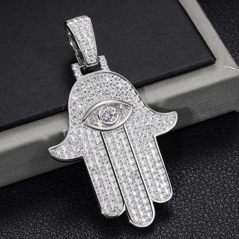 Fine Jewelry 925 Sterling Silver VVS Moissanite Bling Iced Out Evil Eye Hamsa Hand Pendant