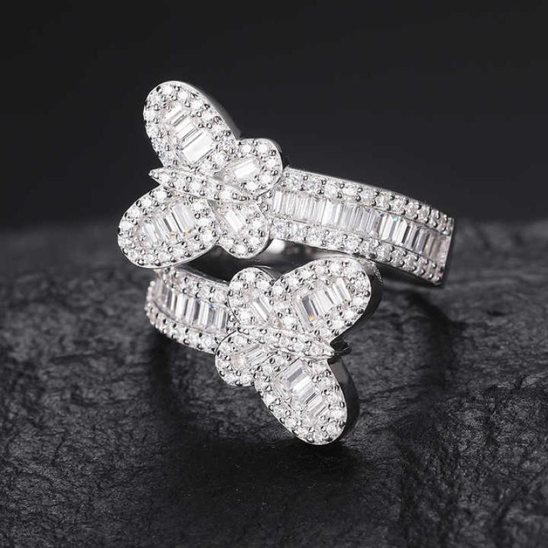 925 Sterling Silver VVS Baguette Moissanite Butterfly Ring