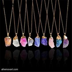 Lot of 24 Multicolor Natural Crystal Irregular Rough Stone . Gold Necklaces