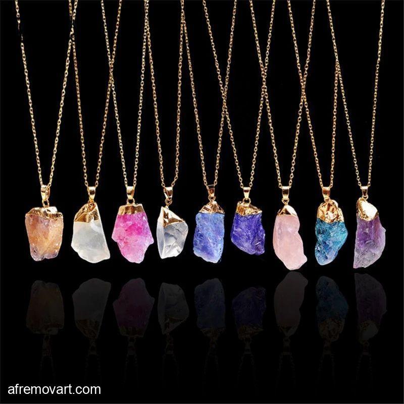 Lot of 24 Multicolor Natural Crystal Irregular Rough Stone . Gold Necklaces