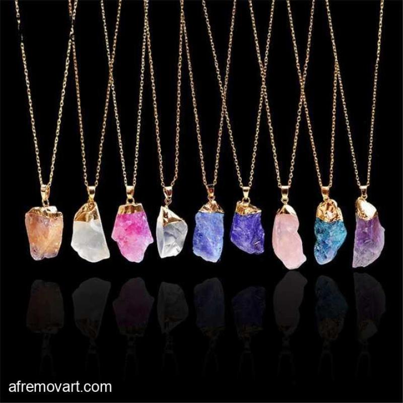 Lot of 24 Multicolor Natural Crystal Irregular Rough Stone . Gold Necklaces