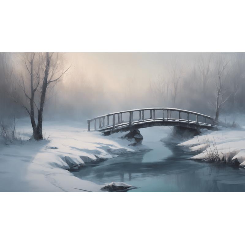 A SNOWY BRIDGE OVER A FROZEN RIVER