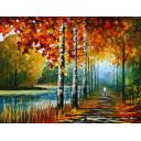 Gallery value USD7900 AUTUMN BY THE LAKE - PALETTE KNIFE Oil Painting On Canvas By Leonid Afremov