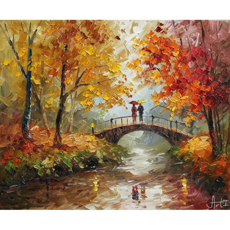 Gallery value USD7600 BRIDGE OVER AUTUMN SPRING - PALETTE KNIFE Oil Painting On Canvas By Leonid Afremov