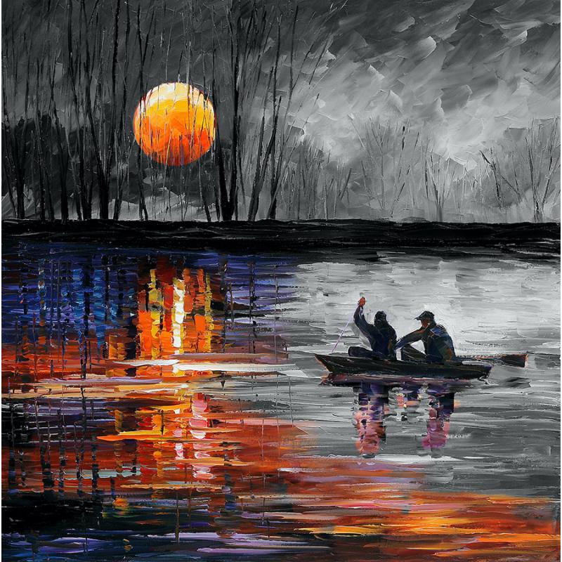 FISHING ON THE LAKE - PALETTE KNIFE Oil Painting On Canvas By Leonid Afremov