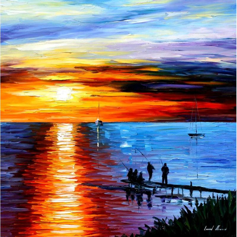 Gallery value USD19400 FISHING WITH FRIENDS - PALETTE KNIFE Oil Painting On Canvas By Leonid Afremov