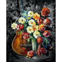 Gallery value USD8400 GUITAR AND FLOWERS BW - PALETTE KNIFE Oil Painting On Canvas By Leonid Afremov