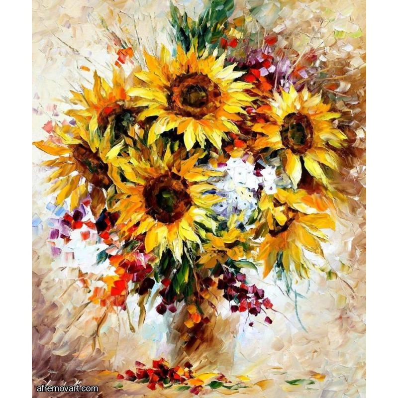 Gallery value USD20900 HAPPY SUNFLOWERS - PALETTE KNIFE Oil Painting On Canvas By Leonid Afremov