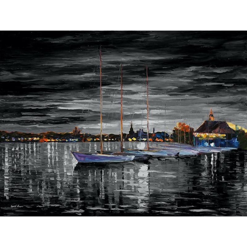 Gallery value USD9700 HELSINKI - SAILBOATS AT YACHT CLUB BW - PALETTE KNIFE Oil Painting On Canvas By Leonid Afremov