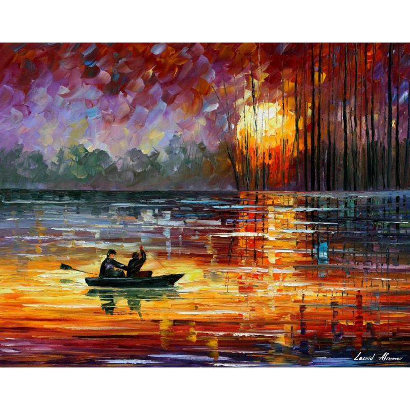 Gallery value USD16500 NIGHT LAKE FISHING - PALETTE KNIFE Oil Painting On Canvas By Leonid Afremov