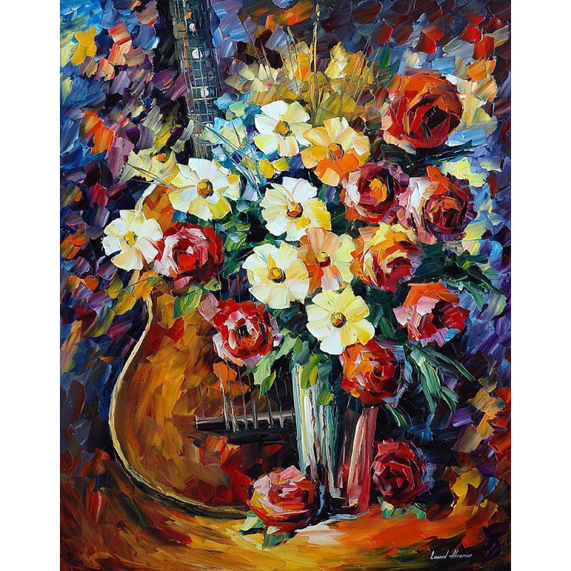 Gallery value USD10800 GUITAR AND FLOWERS - PALETTE KNIFE Oil Painting On Canvas By Leonid Afremov