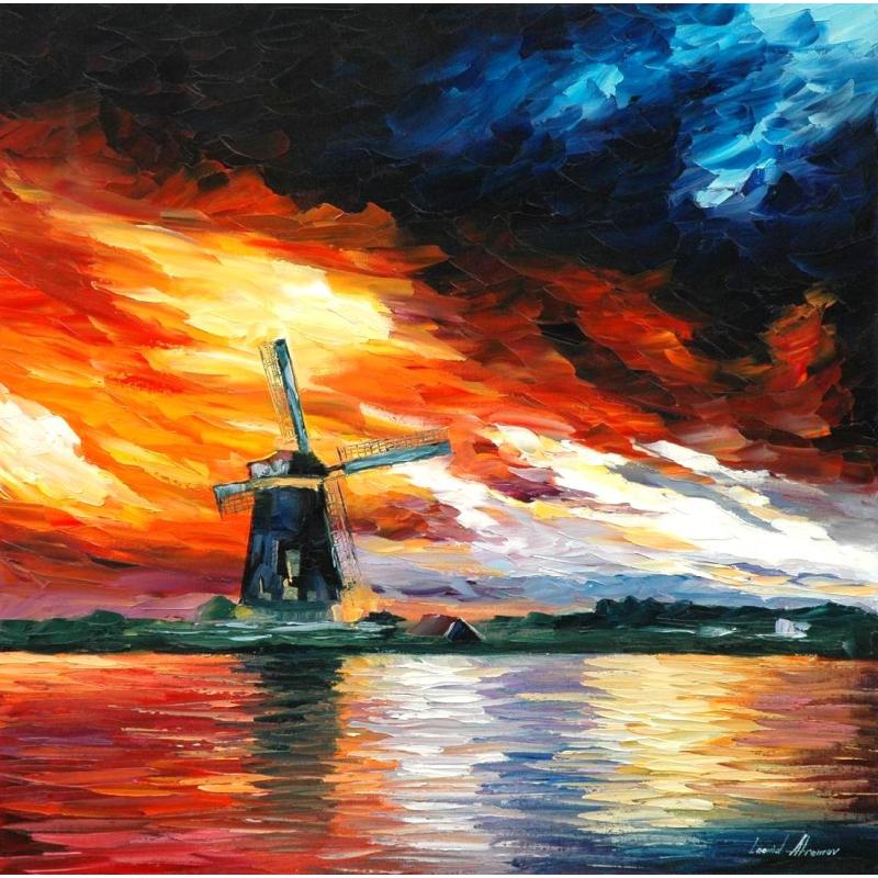 Gallery value USD8500 WINDMILL Ñ HOLLAND - PALETTE KNIFE Oil Painting On Canvas By Leonid Afremov