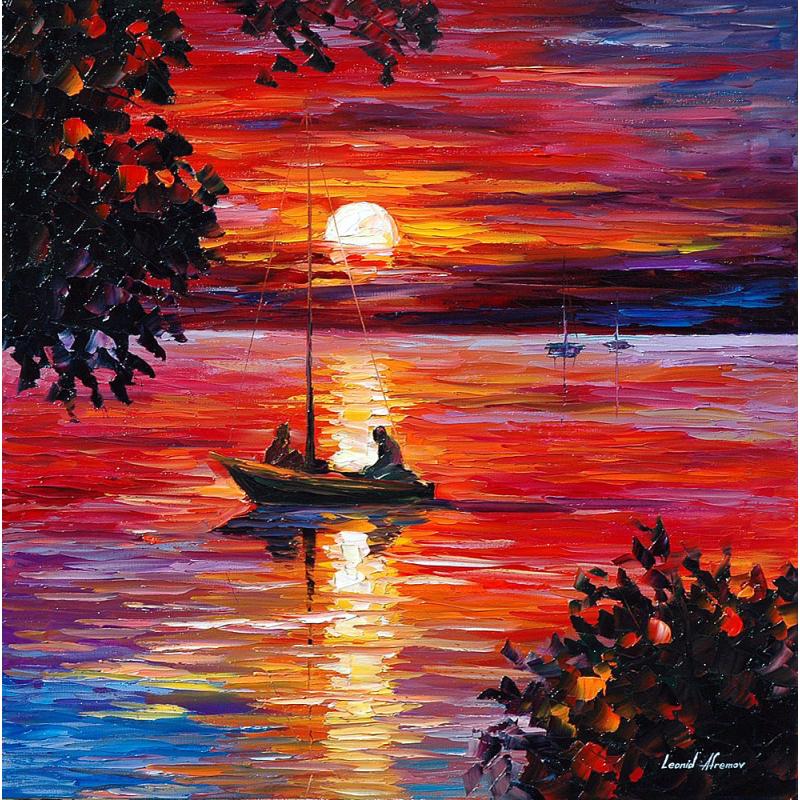 Gallery value USD17200 NIGHT FISHING - PALETTE KNIFE Oil Painting On Canvas By Leonid Afremov