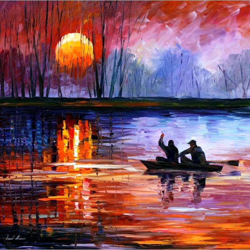 Gallery value USD17200 NIGHT FISHING ON THE LAKE - PALETTE KNIFE Oil Painting On Canvas By Leonid Afremov