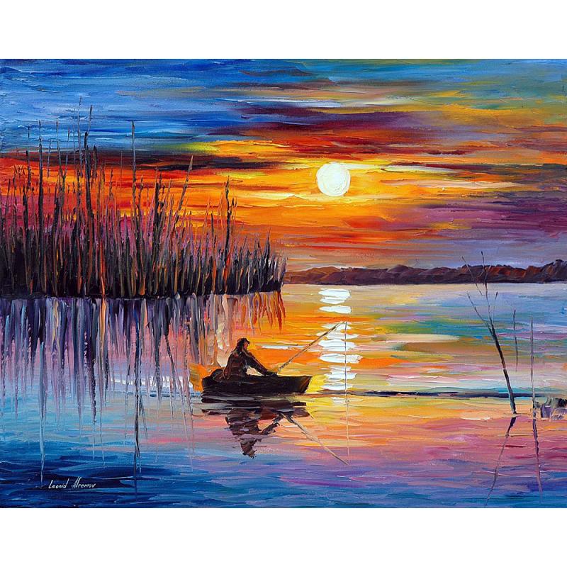 Gallery value USD18700 PATIENCE OF THE FISHERMAN - PALETTE KNIFE Oil Painting On Canvas By Leonid Afremov