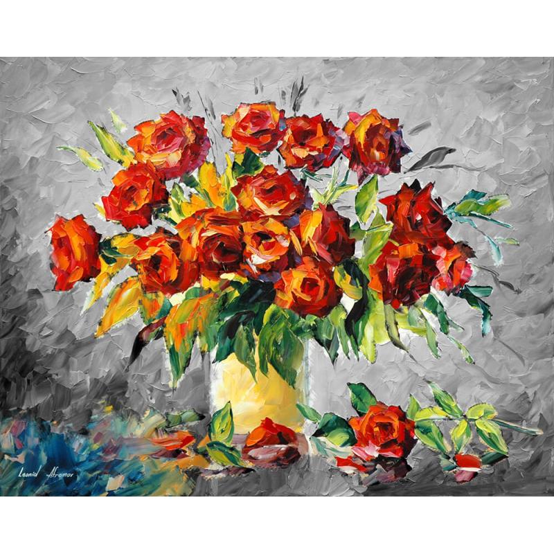 Gallery value USD18900 RED FLOWERS B&W - PALETTE KNIFE Oil Painting On Canvas By Leonid Afremov