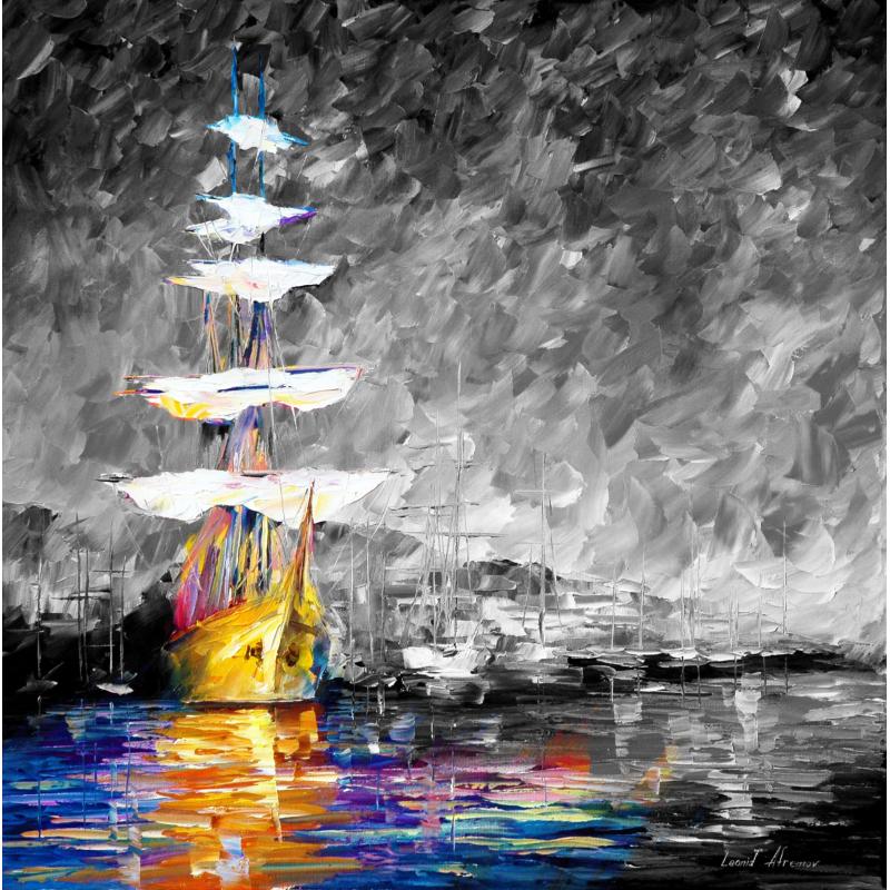 Gallery value USD14200 SAILBOATS IN SUNRISE B&W - PALETTE KNIFE Oil Painting On Canvas By Leonid Afremov