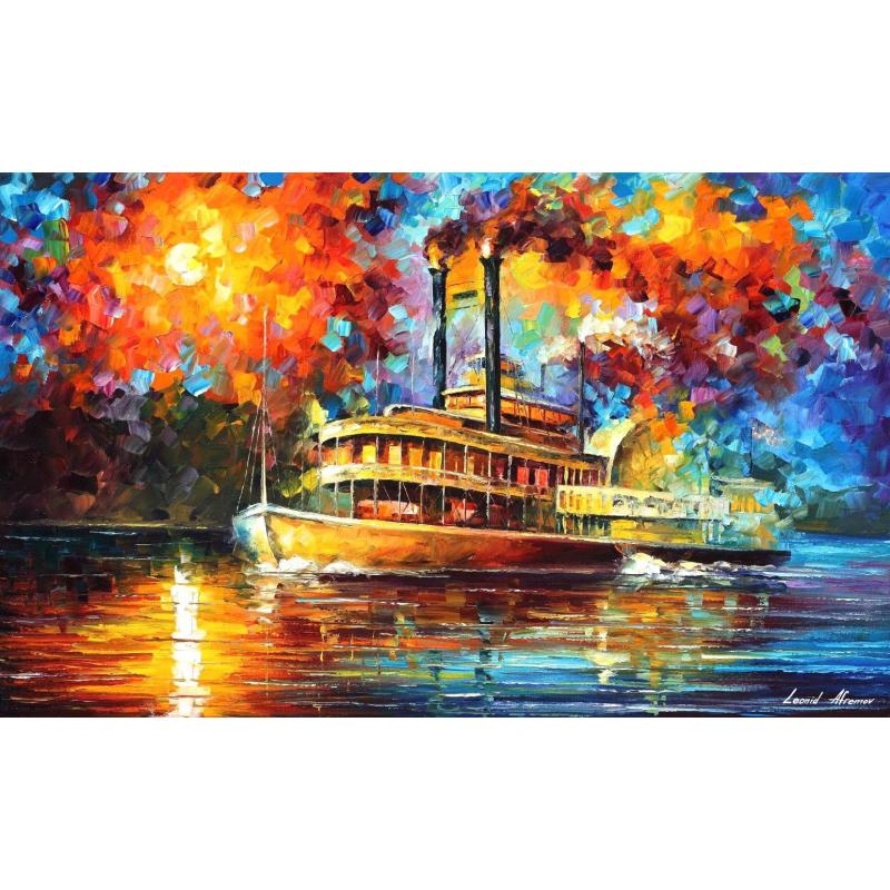 Gallery value USD11200 STEAMBOAT - PALETTE KNIFE Oil Painting On Canvas By Leonid Afremov