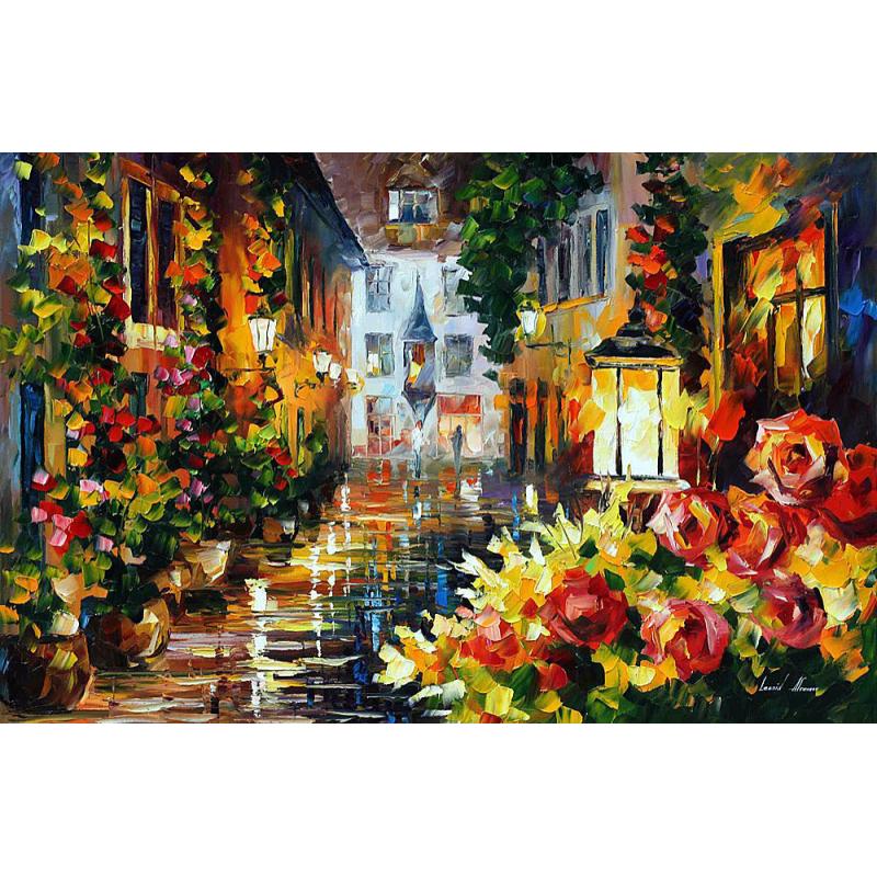 STREET OF FLOWERS - PALETTE KNIFE Oil Painting On Canvas By Leonid Afremov