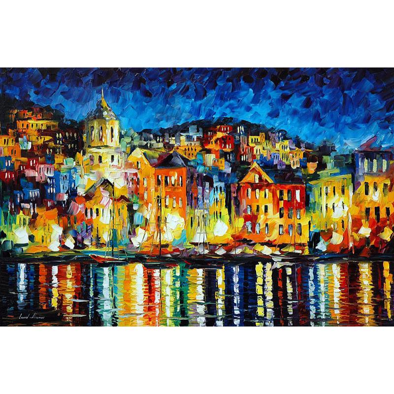 Gallery value USD17900 TOWN AT THE HARBOR - PALETTE KNIFE Oil Painting On Canvas By Leonid Afremov