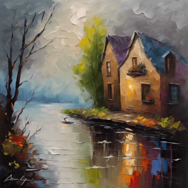 Gallery value USD18500 VILLAGE BY THE RIVER - PALETTE KNIFE Oil Painting On Canvas By Leonid Afremov